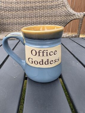 LTD Commodities Office Goddess Mug Drip Glaze Stoneware Novelty Blue Yellow